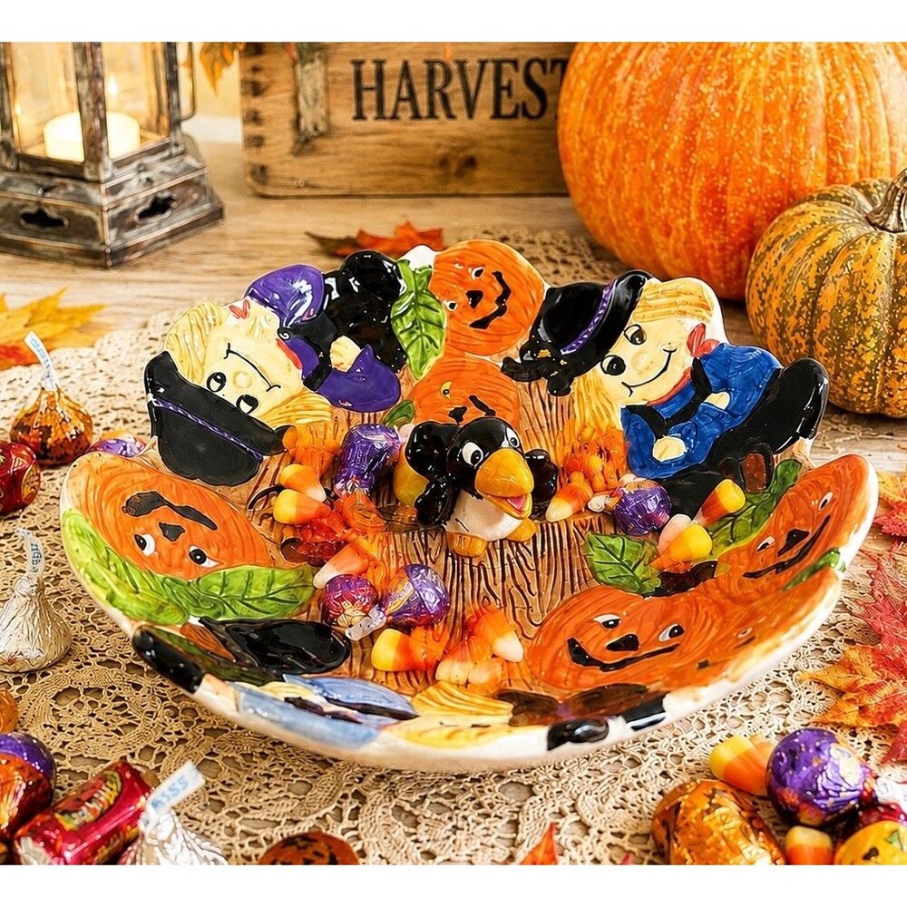 Vintage Artmark Halloween Candy Dish Scarecrows Pumpkins Raven 8” Decorative
